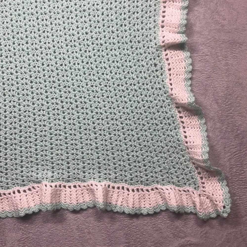 Handmade Crochet Baby Blanket Set 2pc Mint Green White Chevron Blue Multi